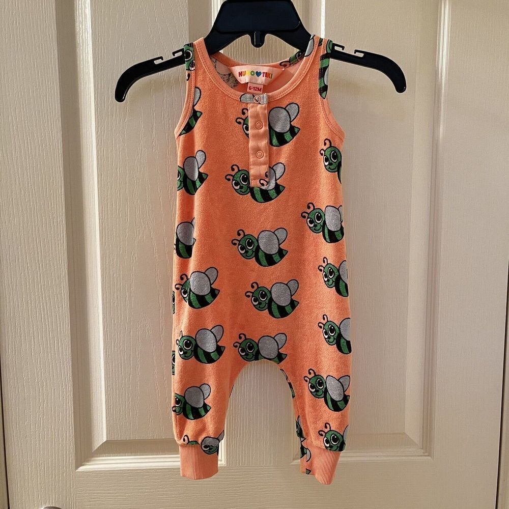 Hugo Loves Tiki Peach Bee Romper Jumpsuit Terry Cloth Size 6-12 Months